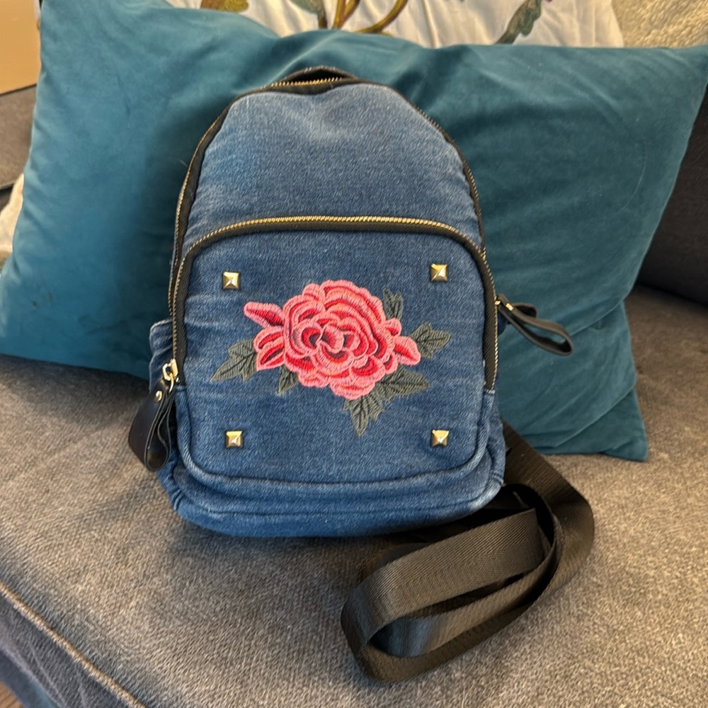 Kiss Me Couture Mini Backpack Embroidered Denim with Rose Decal and Studs